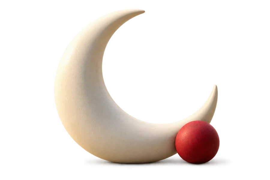 Ivory crescent moon with a small red sphere