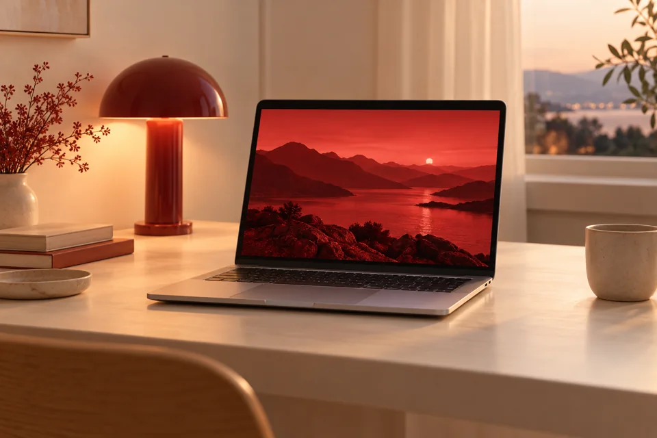Mac laptop in a dark room with RedFilter red light mode turned on