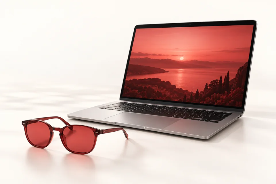 Red light glasses next to a Mac running RedFilter
